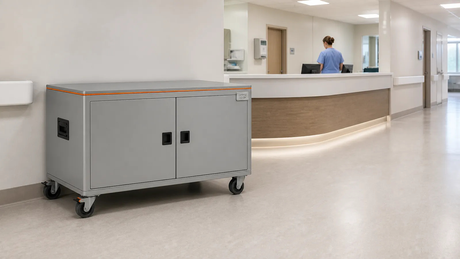 Oppitz Charge Care 24 aplicado em posto clínico ou corredor hospitalar