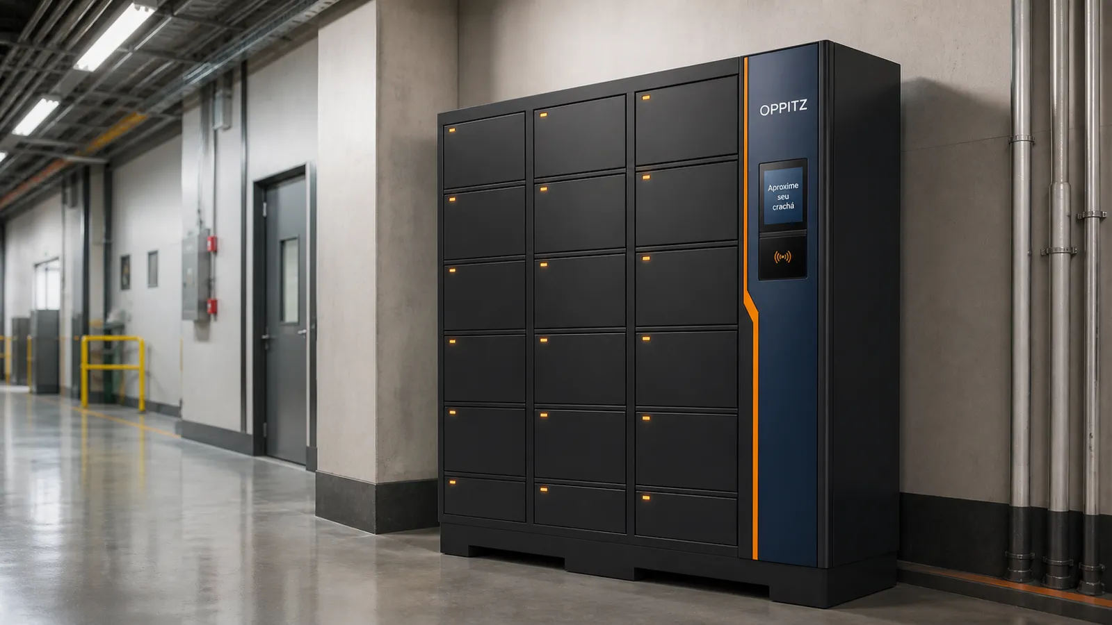 Oppitz Locker Asset 18 aplicado em corredor limpo de manutenção industrial