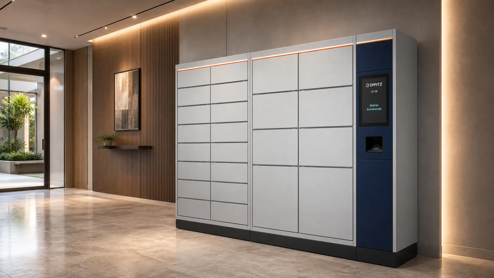 Oppitz Locker Residence 28 aplicado em hall contemporâneo de condomínio