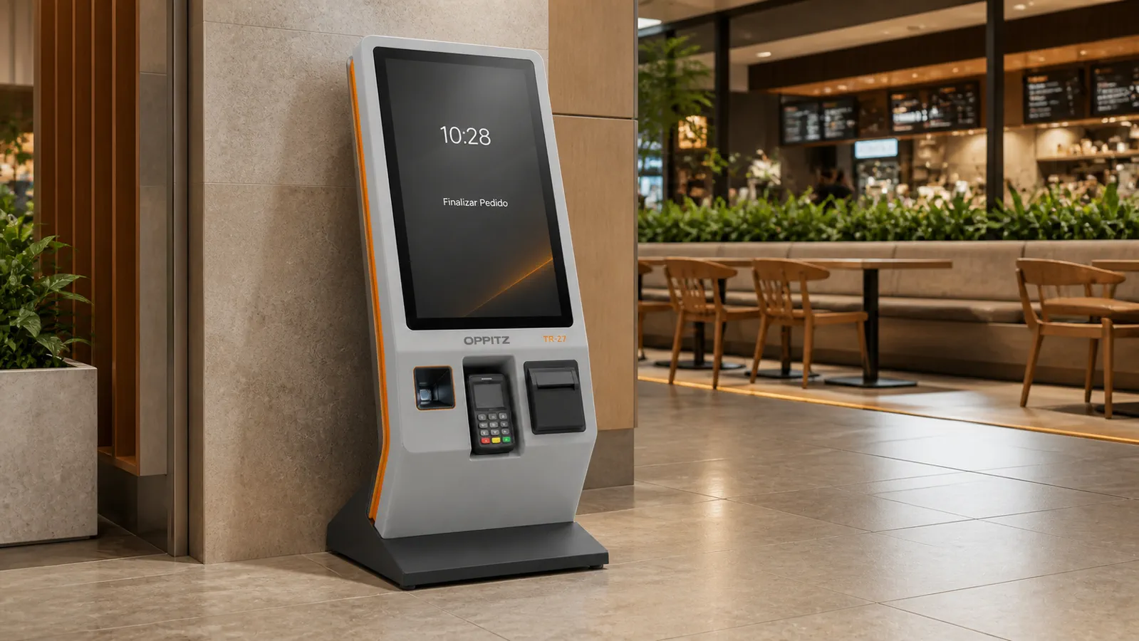 Oppitz Totem Retail 27 aplicado em loja moderna ou praça de alimentação